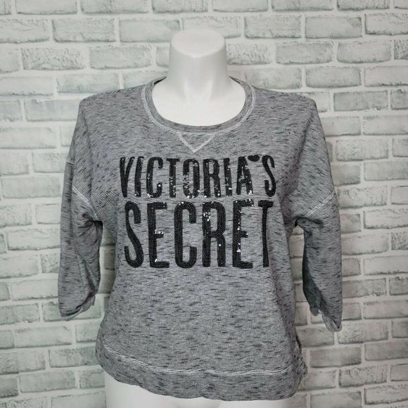 Victorias Secret Size L Black White Striped Sequin Logo Sweatshirt 3/4 Sleeve - Picture 1 of 7